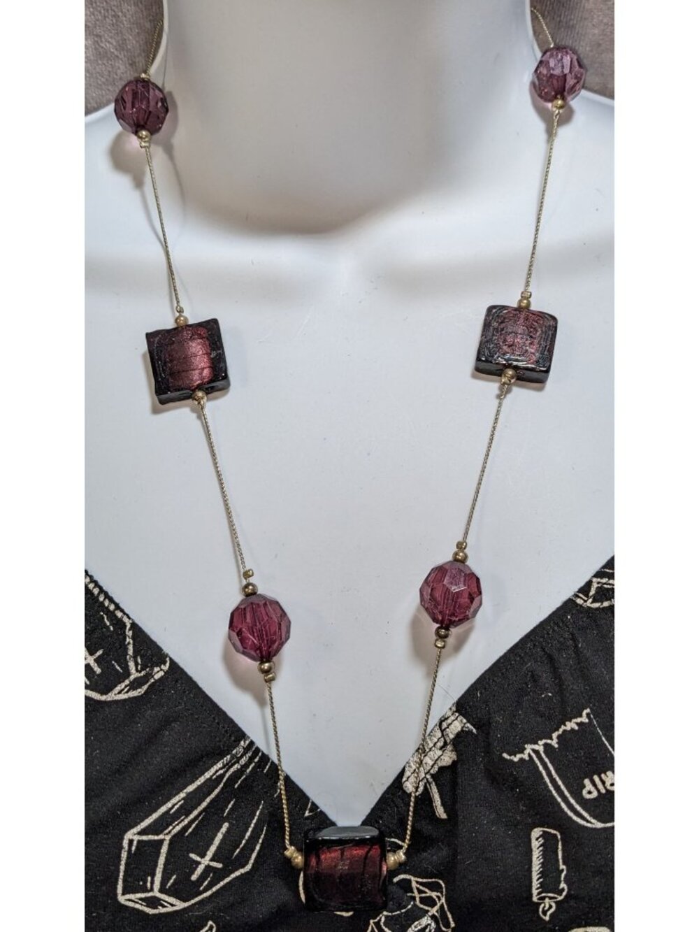 Chunky Glass Beaded Station Necklace Purple Silver Statement Jewelry